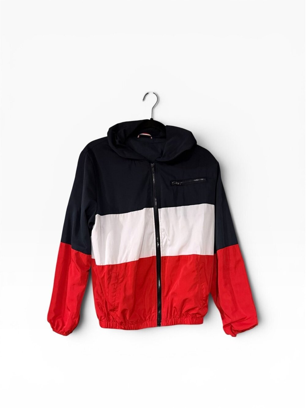Colorblock Hooded Windbreaker Jacket - Blue/White/Red Size Small